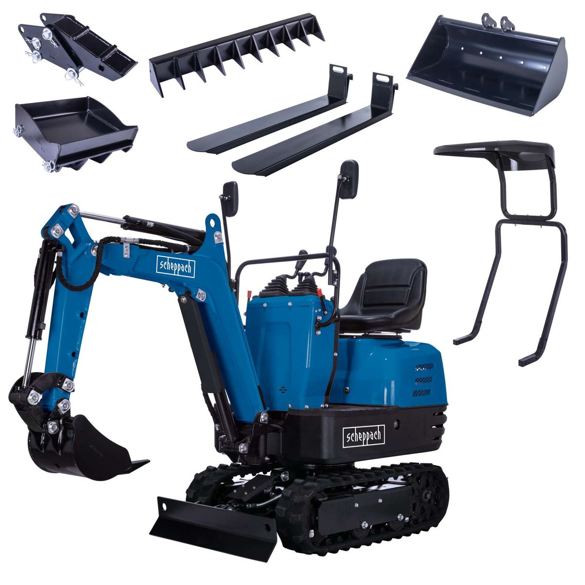Scheppach EXC815 XXL Set, Benzin-Minibagger mit Zubehör